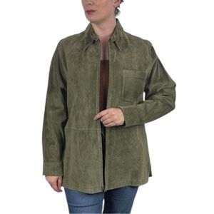 VINTAGE JONES NEW YORK GREEN SUEDE LEATHER ZIP UP COLLARED SHIRT JACKET SHACKET